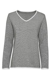 Hellgraues Langarmshirt ohne Muster, V-Ausschnitt mit weißer Paspel, gerade Form, Bündchen und Saum mit weißer Kante