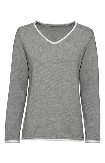 Hellgraues Langarmshirt ohne Muster, V-Ausschnitt mit weißer Paspel, gerade Form, Bündchen und Saum mit weißer Kante