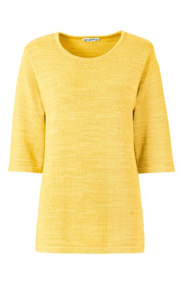 Gelbes Damenoberteil mit meliertem Muster, Rundhalsausschnitt, dreiviertellangen Ärmeln, gerade geschnitten
