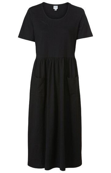 Schwarzes Midikleid mit kurzen Ärmeln, V-Ausschnitt, tailliert mit gerafftem Bund, zwei seitliche Taschen, ausgestellter Rock