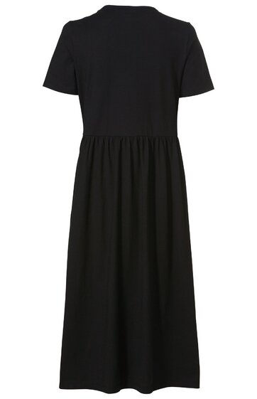 Schwarzes Midikleid ohne Muster, kurzärmlig, rundhalsausschnitt, taillierter Schnitt, hinten Faltenwurf, locker fallend