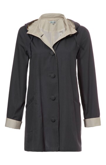 Dunkelgrauer Mantel mit beigem Kragen und krempelbaren Ärmeln, Knopfleiste mit drei großen Knöpfen, gerade geschnitten, ohne Muster