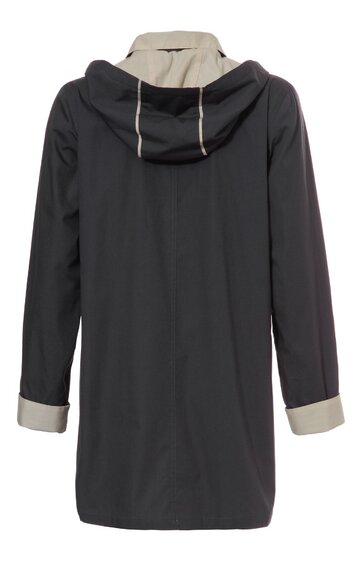 Dunkelgrauer Kapuzenmantel mit beigefarbenem Innenfutter an Kapuze, langen Ärmeln mit beigen Umschlägen, gerade geschnitten, Rückenansicht