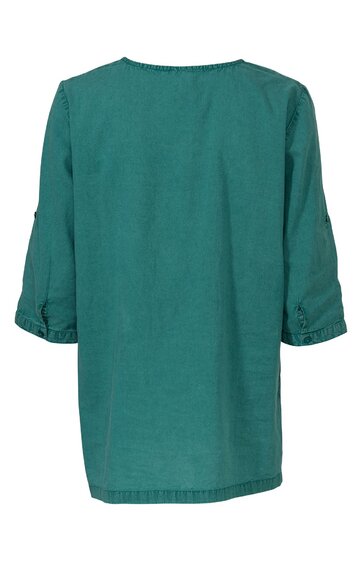 Grüne Bluse, unifarben, rundhals, dreiviertellange Ärmel mit Knopfmanschette, gerade geschnitten