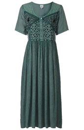 Mittellanges Kleid in grün mit kurzem Ärmel, rundem Halsausschnitt mit Knopf, Vorderseite mit schwarzem floralen Muster und vertikalen Nähten, weite Rockpartie, locker fallend