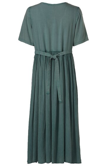 Maxikleid in dunklem grün, einfarbig, kurze Ärmel, mit angehängtem Taillengürtel, ausgestellter Rock, Rückenansicht