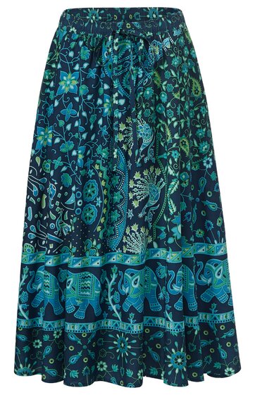 Maxirock in Dunkelblau mit floralem Muster in Hellblau und Türkis, breite elastische Taille, mehrlagig, mit breitem unteren Saum, durchgehend bedruckt