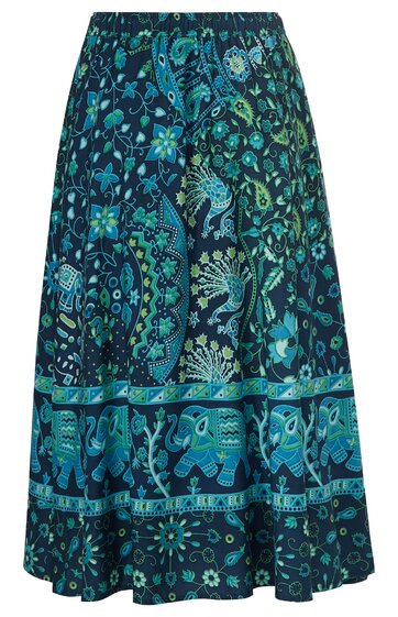 Maxirock in Dunkelblau mit türkisgrünem und hellblauem Blumenmuster, breite waagerechte Bordüre mit Elefantenmotiven, hoher Bund, schwingender Schnitt