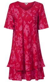 Rotes Kleid mit floralem Muster in Hellrot, V-Ausschnitt, halblange Ärmel, ausgestellte Form, zweiteilige Lagenoptik unten
