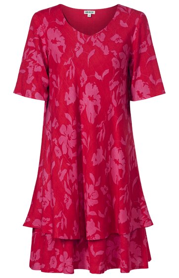 Rotes Kleid mit floralem Muster in Hellrot, V-Ausschnitt, halblange Ärmel, ausgestellte Form, zweiteilige Lagenoptik unten