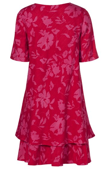 Rotes Kleid mit rosa floralem Muster, kurze Ärmel, Rundhalsausschnitt, zweiteiliger Stufenrock, knielang