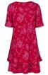 Rotes Kleid mit rosa floralem Muster, kurze Ärmel, Rundhalsausschnitt, zweiteiliger Stufenrock, knielang