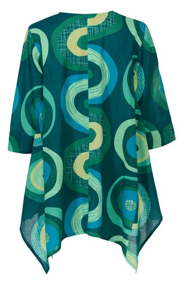 Locker geschnittene, asymmetrisch geschnittene Tunika in dunkelgrün mit großem, rundem Muster in Hellgrün und Blau, Rundhalsausschnitt, 3/4-Ärmel