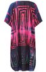 Lockeres kaftanähnliches Kleid, dunkelblau mit pinkem geometrischem Muster, rundhals, halblange lockere Ärmel, knielang, gerader Schnitt