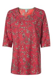 Rotes Damenoberteil mit floralem Muster in Beige und Dunkelgrau, Rundhalsausschnitt, halblange Ärmel, gerade geschnitten, ohne sichtbare Verschlüsse