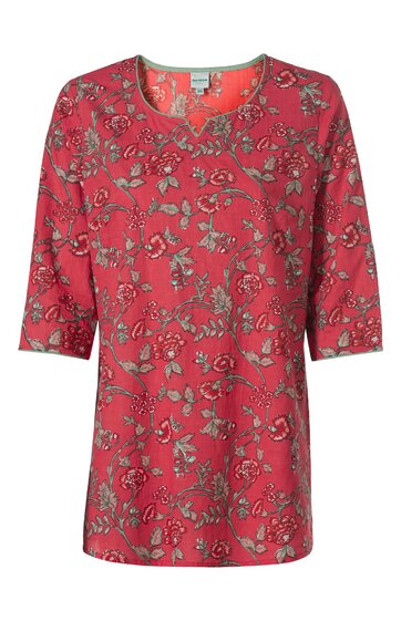 Rotes Damenoberteil mit floralem Muster in Beige und Dunkelgrau, Rundhalsausschnitt, halblange Ärmel, gerade geschnitten, ohne sichtbare Verschlüsse