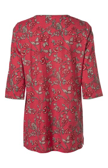 Rotes Damenoberteil mit floralem Muster in Beige und Braun, Rundhalsausschnitt, 3/4-lange Ärmel, gerade geschnitten, Rückenansicht