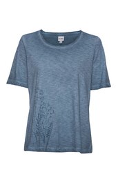 Blaues T-Shirt mit feinem Melange-Muster, kurzer Ärmel, Rundhalsausschnitt, florales Stickdetail auf der unteren linken Vorderseite