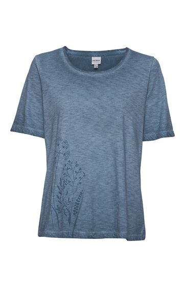 Blaues T-Shirt mit feinem Melange-Muster, kurzer Ärmel, Rundhalsausschnitt, florales Stickdetail auf der unteren linken Vorderseite