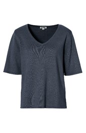 Damen-T-Shirt in dunkelblau, Kurzarm, V-Ausschnitt, gerade geschnitten