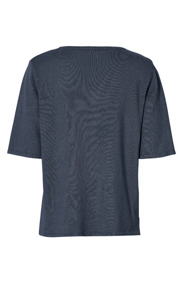 Kurzärmeliges T-Shirt in dunklem Taubenblau, einfarbig, gerade geschnitten, Rundhalsausschnitt, ohne Muster, Rückansicht