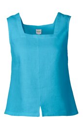 Ärmelloses Top in helltürkis, unifarben, breiter quadratischer Ausschnitt, gerade geschnitten, kleiner Schlitz vorne am Saum