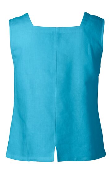 Ärmelloses, türkisfarbenes Top mit rundem Ausschnitt, gerader Saum mit mittigem Schlitz, glatte Oberfläche