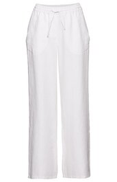 Weiße lange Hose mit weitem Bein, elastischem Bund mit Kordelzug, zwei seitlichen Eingrifftaschen, gerader Schnitt ohne Muster