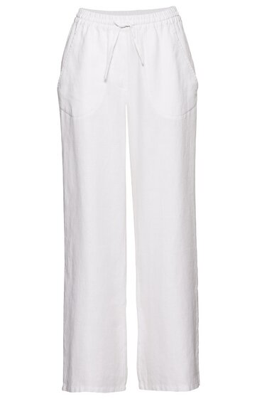 Weiße lange Hose mit weitem Bein, elastischem Bund mit Kordelzug, zwei seitlichen Eingrifftaschen, gerader Schnitt ohne Muster