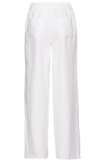 Weiße, gerade geschnittene Hose mit elastischem Bund, zwei angedeutete Gesäßtaschen, seitliche Abnäher, lange Beinlänge
