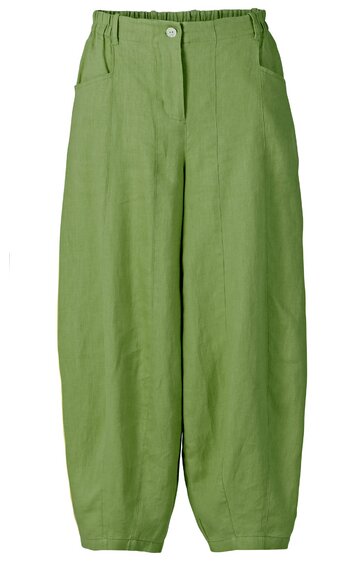 Hellgrüne, weite Hose mit elastischem Bund, langer Schnitt, vorne mit Knopf und Reißverschluss, gerader Beinabschluss mit Bündchen