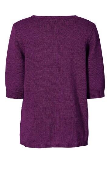 Lila Pullover mit kurzem Arm, geradem Schnitt, Rundhalsausschnitt, weite Passform, Rippbündchen an Ärmeln und Saum
