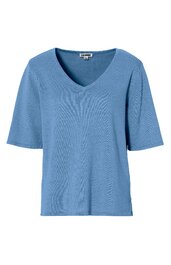 Blaues T-Shirt mit V-Ausschnitt, halblangen Ärmeln, schlichten Saumkanten, gerade geschnitten