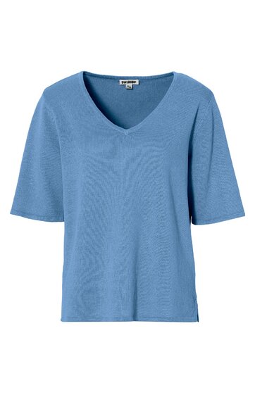 Blaues T-Shirt mit V-Ausschnitt, halblangen Ärmeln, schlichten Saumkanten, gerade geschnitten