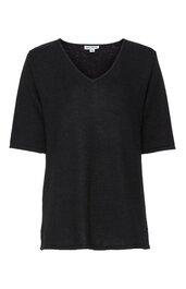 Schwarzes T-Shirt mit V-Ausschnitt, halblangen Ärmeln, gerade geschnitten, ohne Muster, einfache Verarbeitung