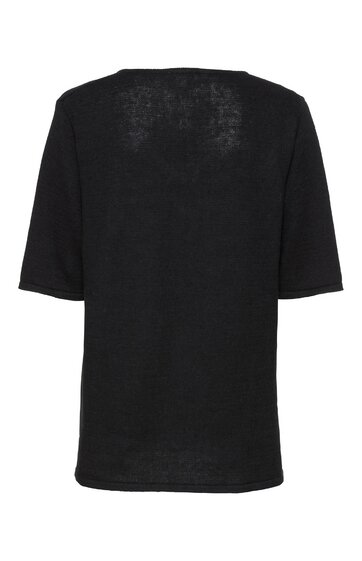 Schwarzes T-Shirt, gerade geschnitten, kurze Ärmel, Rundhalsausschnitt, ohne sichtbare Muster oder Verzierungen, glatte Textur