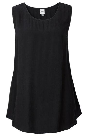 Schwarzes, ärmelloses Kleid mit weitem Rundhalsausschnitt, leicht ausgestellter Form, knielang, ohne Muster oder Verzierungen