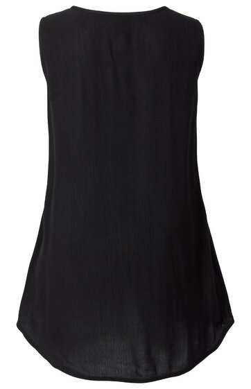 Schwarzes ärmelloses Top, weite Passform, runder Ausschnitt, längeres Rückenteil mit abgerundetem Saum