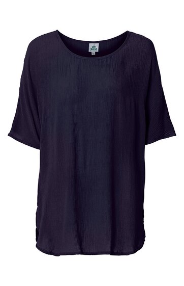 Damen-T-Shirt in dunkelblau, unifarben, Rundhalsausschnitt, kurze Ärmel, lockere Passform, gerade geschnittener Saum