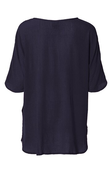 Dunkelblaues Langarmshirt ohne Muster, Rundhalsausschnitt, gerade geschnitten, locker fallend, langärmelig, hinten länger geschnitten