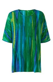 Bluse für Damen in Grün mit Blau und Gelb, abstraktes Streifenmuster, rundhalsausschnitt, halblange Ärmel, locker geschnitten