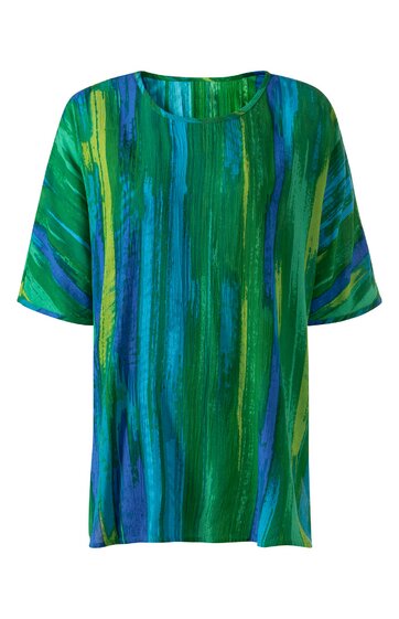 Bluse für Damen in Grün mit Blau und Gelb, abstraktes Streifenmuster, rundhalsausschnitt, halblange Ärmel, locker geschnitten