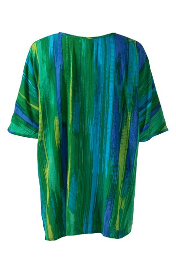 Oberteil, grün mit blauen und gelben vertikalen Streifen, kurze Ärmel, Rundhalsausschnitt, gerade geschnitten