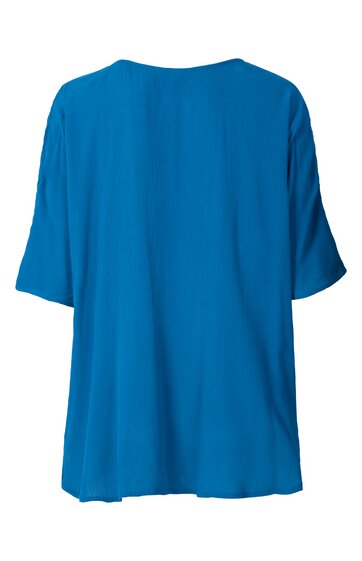 Blaues Damenshirt, unifarben, locker sitzend, Halbarm, Rundhalsausschnitt, gerade geschnitten, Rückenansicht