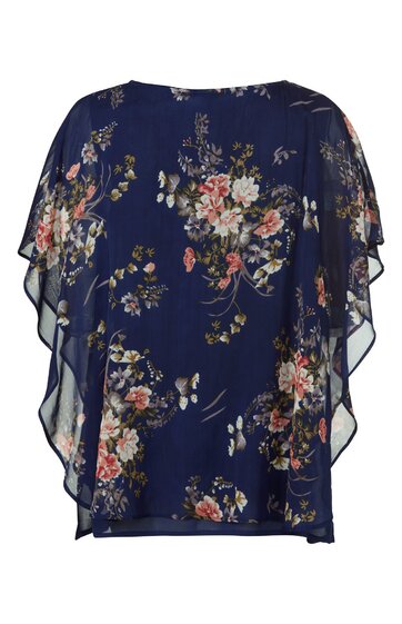 Dunkelblaues Damenoberteil mit buntem Blumenmuster, locker fallend, kurze Fledermausärmel, rundhalsig, transparente Stofflage außen