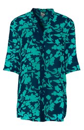 Damenbluse türkis mit dunkelblauem Blumenmuster, Stehkragen, lange Ärmel mit Aufschlag, Knopfleiste vorne, lockere Passform