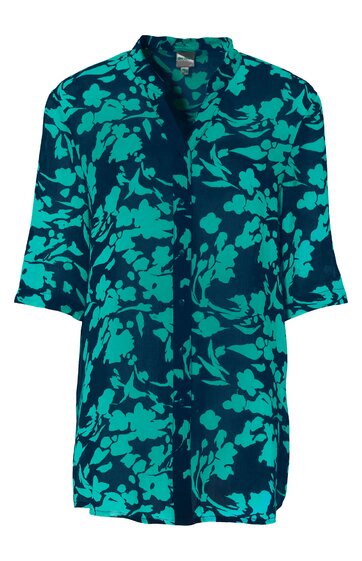 Damenbluse türkis mit dunkelblauem Blumenmuster, Stehkragen, lange Ärmel mit Aufschlag, Knopfleiste vorne, lockere Passform