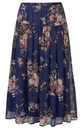 Maxirock in Marineblau mit Blumenmuster in Rosa, Weiß und Grün, elastischer Bund, mehrlagiger Stoff, weit und fließend geschnitten