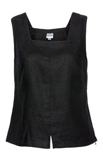 Schwarzes Blusentop ohne Ärmel, quadratischer Ausschnitt, gerade geschnitten, vorne mittiger Schlitz, seitlicher Reißverschluss sichtbar