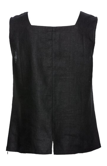 Ärmelloses Oberteil in Schwarz, rechteckiger Ausschnitt, gerade geschnitten, vorne mittige Naht, lockere Passform